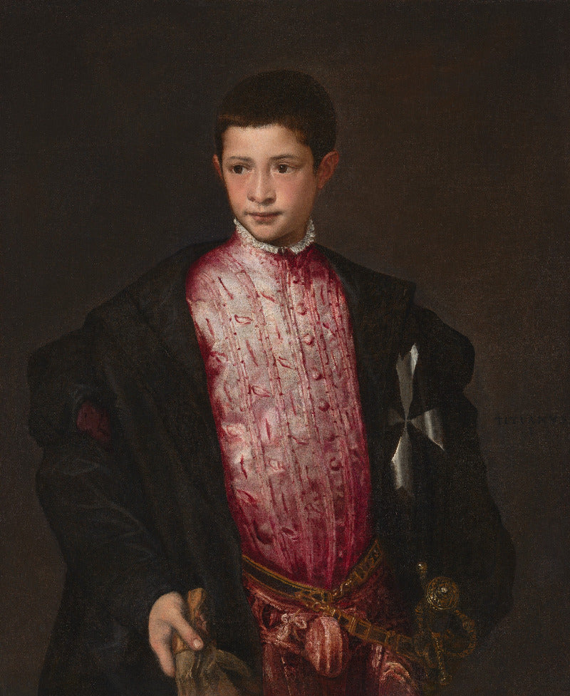 A classical portrait painting of a young boy in ornate historical clothing, featuring a dark black cloak over a richly patterned pink and red embroidered tunic, with a gold sash and a white cross on the sleeve, set against a dark brown background.