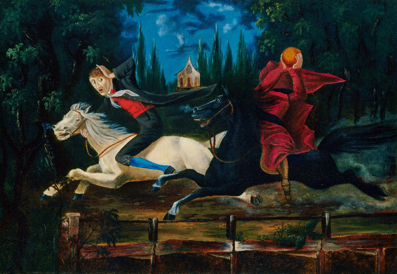A dramatic painting of two riders on horseback jumping over a wooden fence in a dark forest at night. One rider is on a white horse and wears a black coat with a red vest; the other is on a black horse and wears a flowing red cloak.