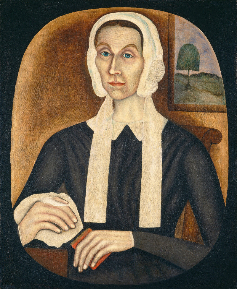 A stylized portrait painting of a woman in a black dress with a white head covering, seated against a dark background with a small landscape painting visible in the upper right.