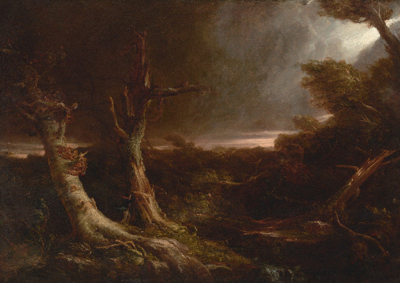 A dark, moody landscape painting featuring gnarled trees in the foreground, dense shadowy foliage, and a cloudy sky with a faint light breaking through in the distance.