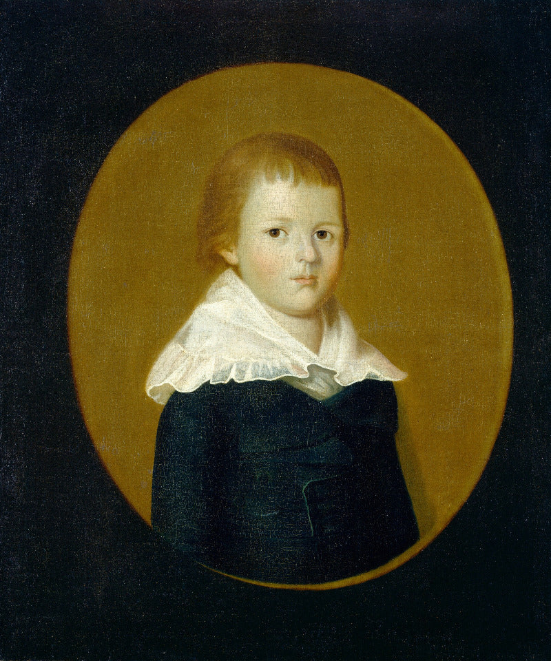 A classical oil portrait painting of a young child with light brown hair, wearing a white ruffled collar and dark blue dress, set against a dark background with a gold oval backdrop.