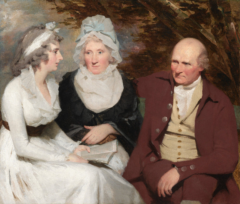 An oil painting portrait of three people seated together, likely from the 18th or 19th century. The woman on the left wears a white gown and headpiece, the central figure wears a dark dress with a pale blue bonnet, and the man on the right wears a dark red coat over a beige waistcoat and white shirt.