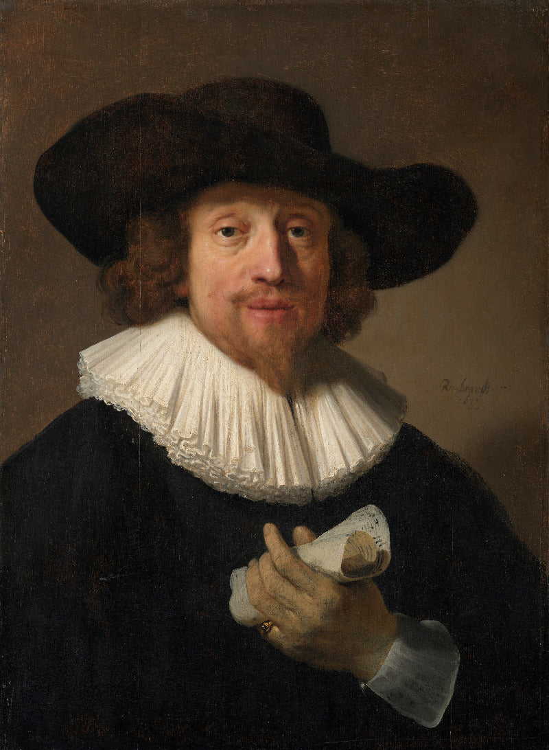 Rear three-quarter portrait painting of a man in a dark hat and black clothing with a large white ruff collar, holding a rolled paper document against a brown painted background.