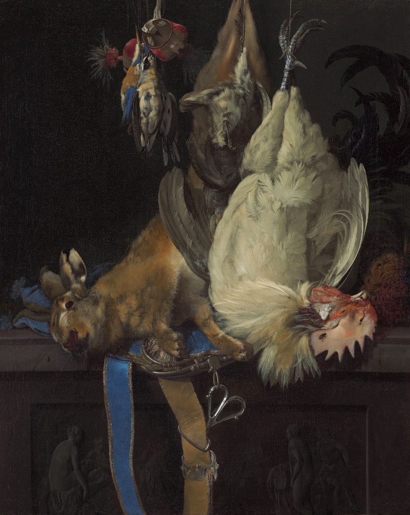 A dark, classical still-life painting showing hunted game and birds: a large white chicken hanging upside down, a brown rabbit on a blue ribbon, smaller birds and a bird skull, with dark foliage and a dim interior background.