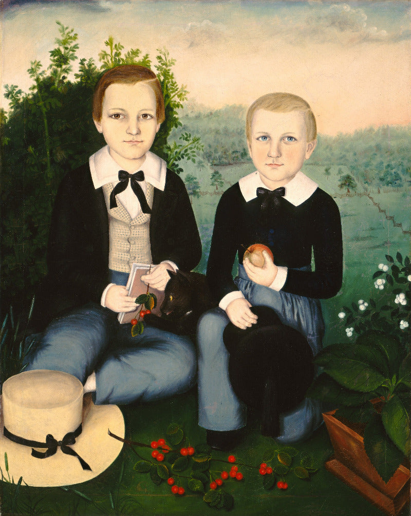A vintage-style portrait painting of two boys seated outdoors in front of a landscape. The boy on the left wears a black jacket, white shirt, black bow tie, and blue trousers while holding a small book and a flower.