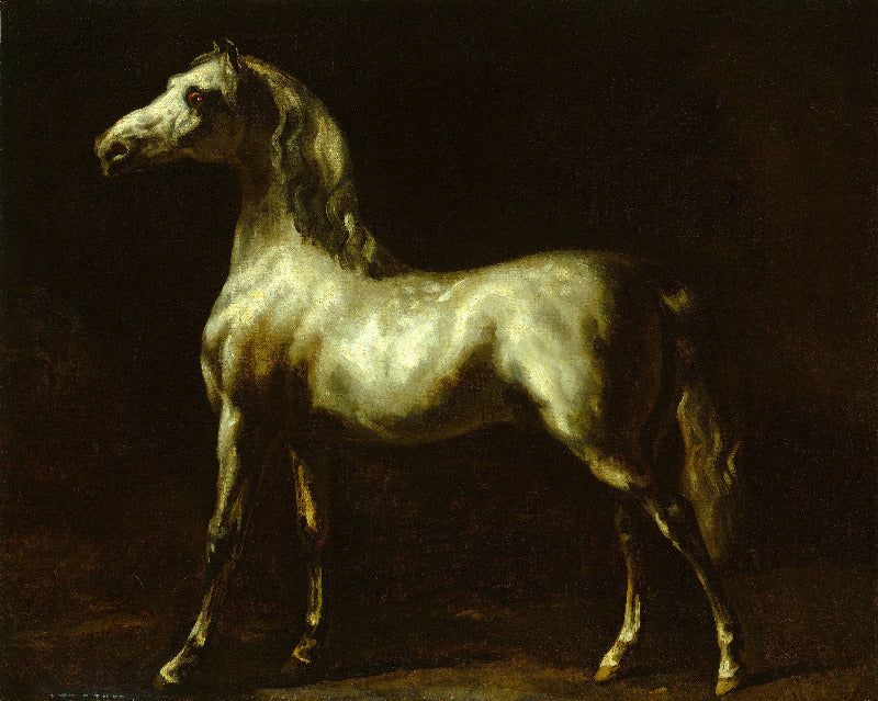 A classical oil painting of a dapple-gray horse in profile, rendered with dramatic chiaroscuro lighting against a dark brown and black background.