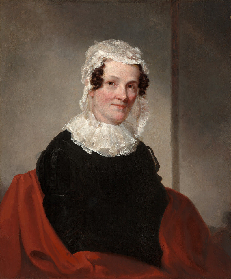 A classical portrait painting of a woman in a black dress with a large white ruffled collar and white lace head covering, set against a muted gray-brown background.