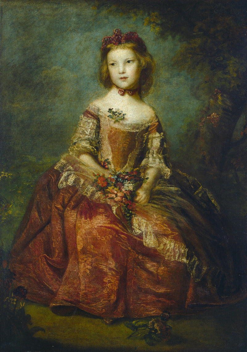 A classical oil painting portrait of a young girl seated in an ornate rust-red gown with gold lace trim, holding a bouquet of flowers against a dark green and brown painted background.