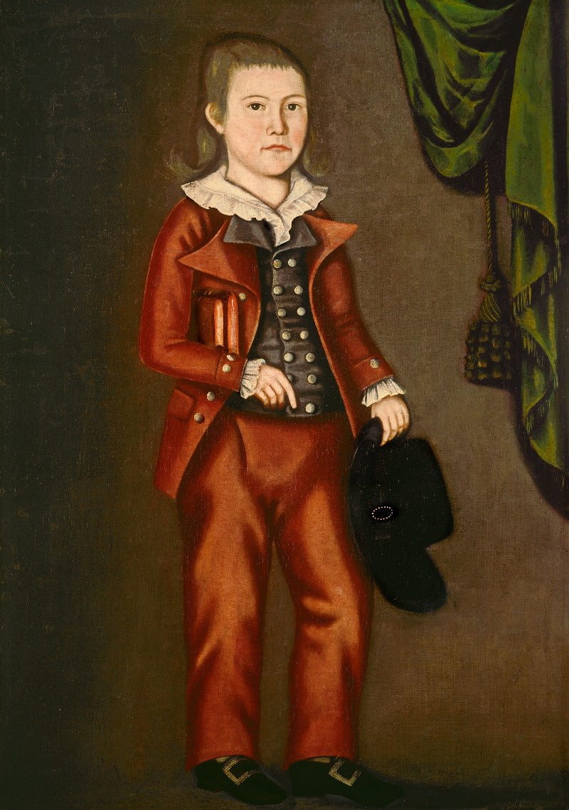A historical portrait painting of a young boy standing in a red doublet and matching trousers, with a dark waistcoat, white ruffled collar, black shoes, and a black hat in one hand. A green curtain hangs on the right against a dark brown background.