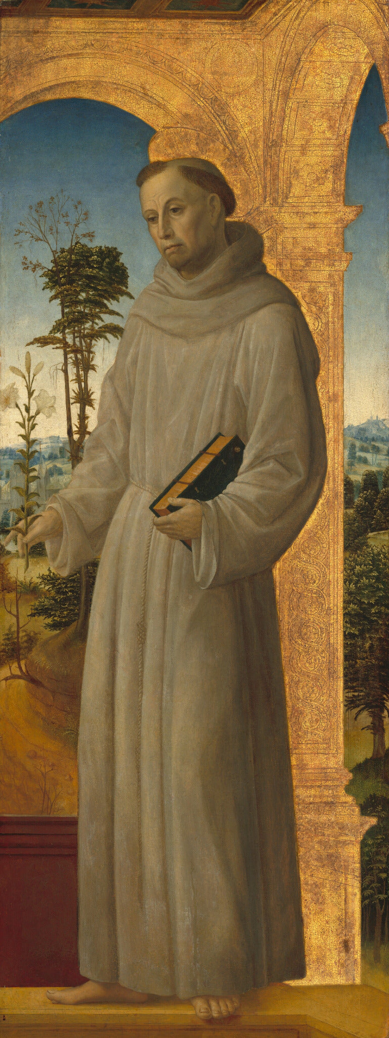 A Renaissance-style painting showing a robed monk standing under an archway, holding a book, with a landscape visible in the background.