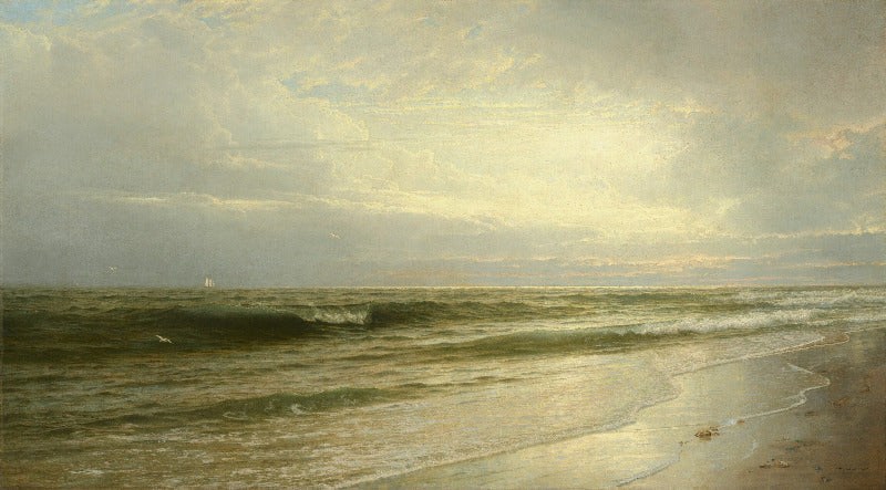 A classical landscape painting of an ocean beach under a cloudy sky, with gentle waves rolling onto the shore and warm light reflecting off the water and sand.