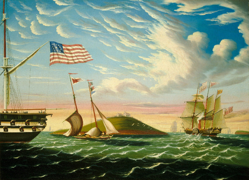 A historical maritime painting showing three sailing ships on green ocean waters under a dramatic blue sky with large white clouds. A small green island is visible in the center, and an American flag flies prominently on the left ship.
