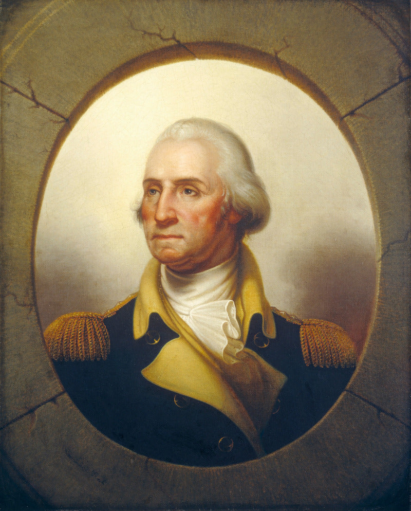Portrait of a historical figure in military attire with a yellow cravat, framed in an oval.