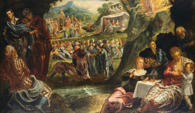 Historical painting of a gathering scene with people in period attire.