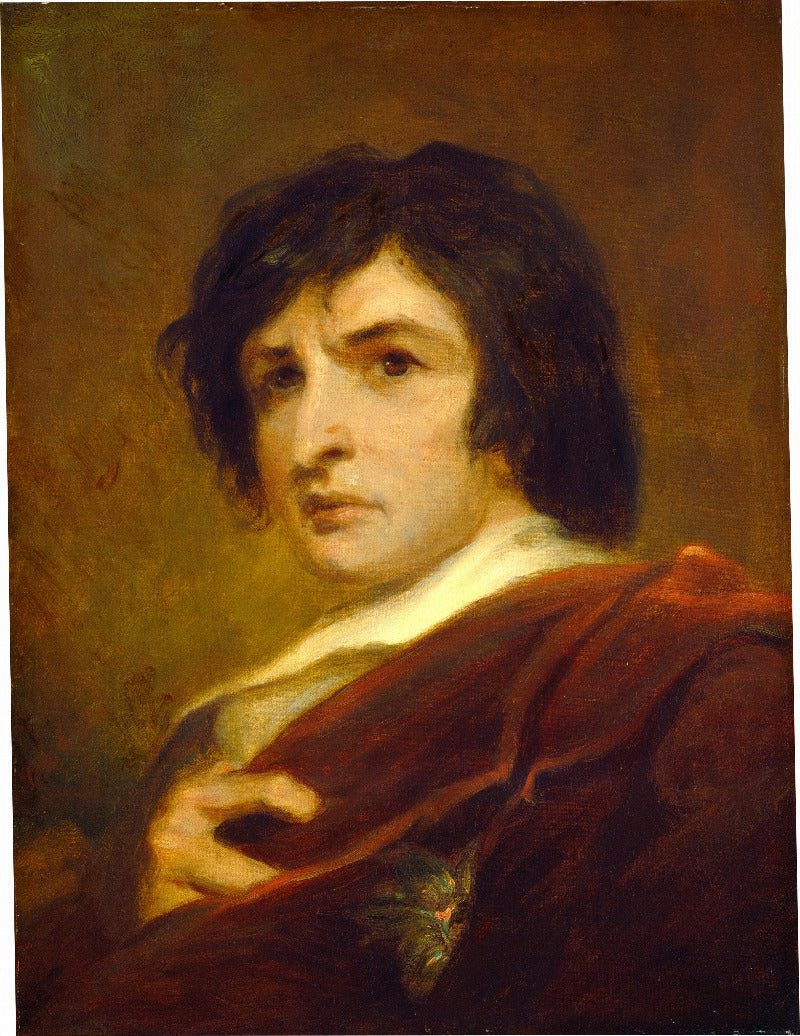 A classical oil painting portrait of a young man with dark wavy hair, wearing a white collar and a dark red coat, set against a warm brown background.