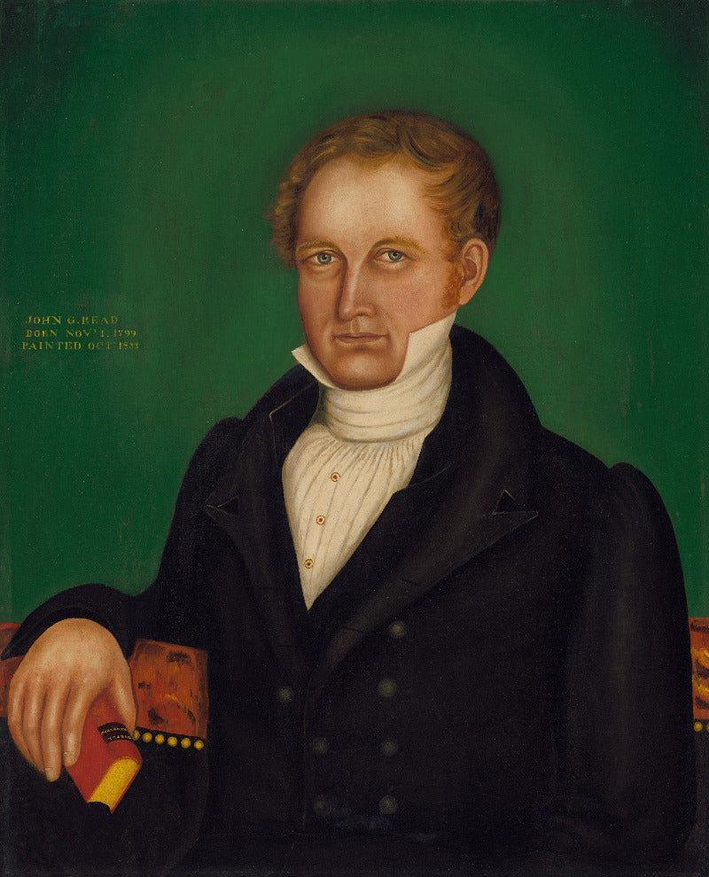 A historical portrait painting of John M. Benton, shown from the chest up against a solid dark green background.