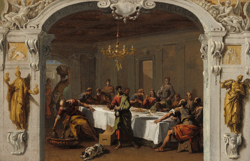 Baroque-style painting depicting a group of men gathered around a table in an ornate interior, framed by a large decorative archway with sculpted figures and classical details.