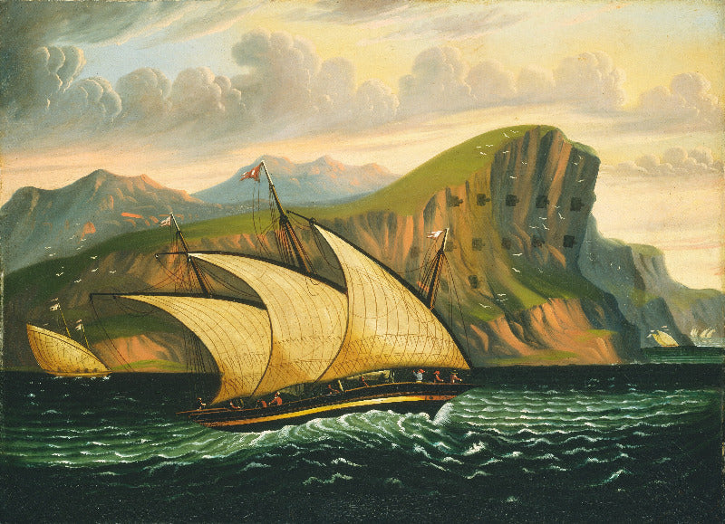 Painting of a ship with large sails sailing near a mountainous coastline.