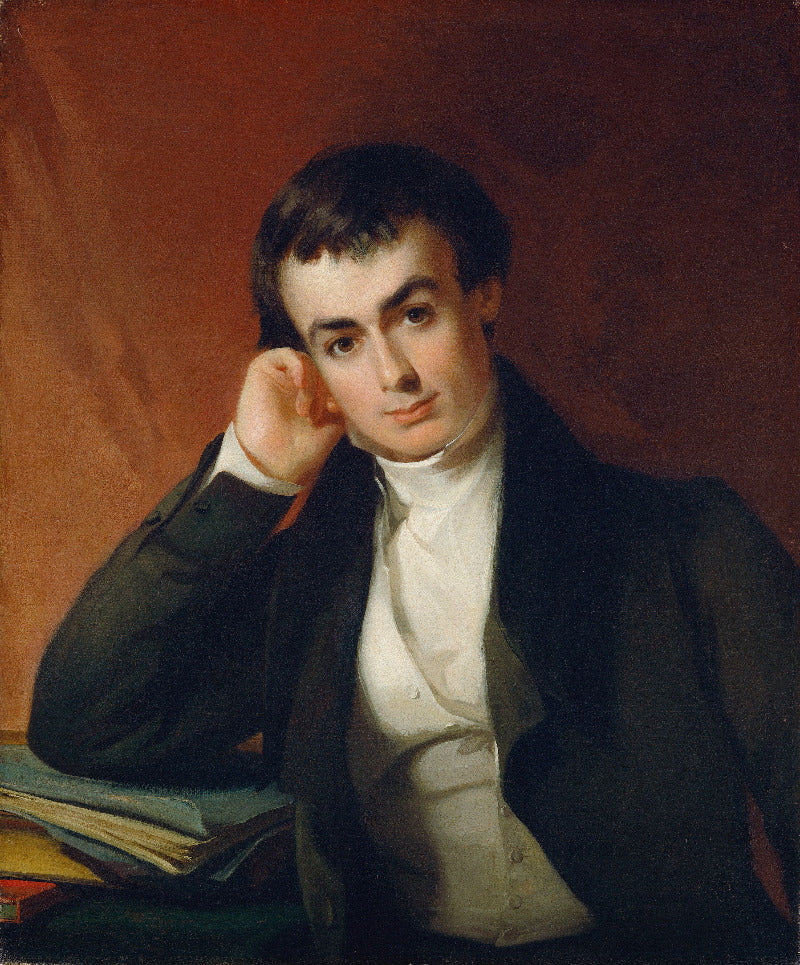 A classical oil painting portrait of a young man in a dark coat and white high-collar shirt, resting his head on his hand beside stacked books, against a warm brown background.