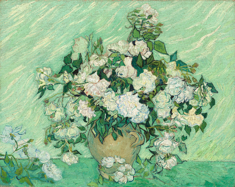 Painting of a vase with white flowers on a green background
