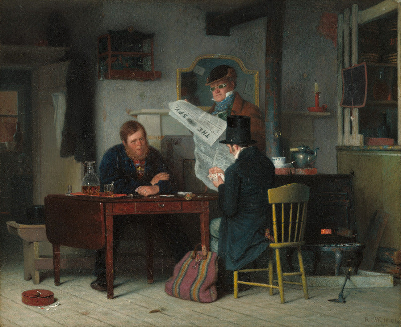 A classic oil painting depicting a Victorian-era interior scene with three men gathered around a table. One man stands holding a newspaper, one sits facing him, and another sits at the table.