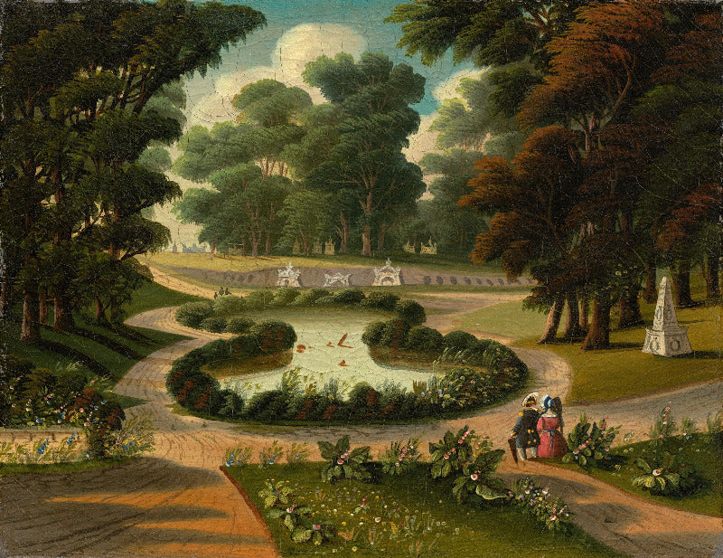 Painting of a garden scene with a pond, trees, and people sitting on a bench.