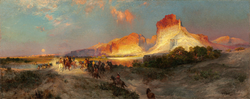 Painting of a desert landscape with a large rock formation and people on horseback.