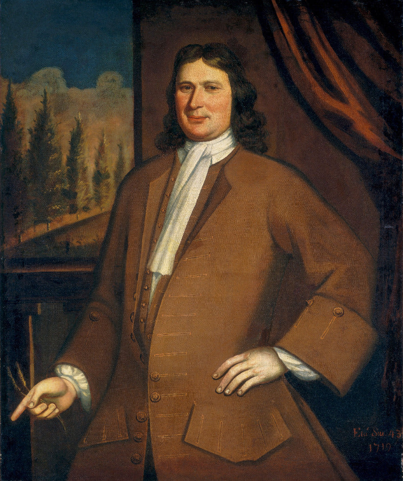 A historical oil painting portrait of a man in a brown coat and white cravat, standing in front of a dark curtain with a landscape scene visible in the background. Signed in the lower right corner.