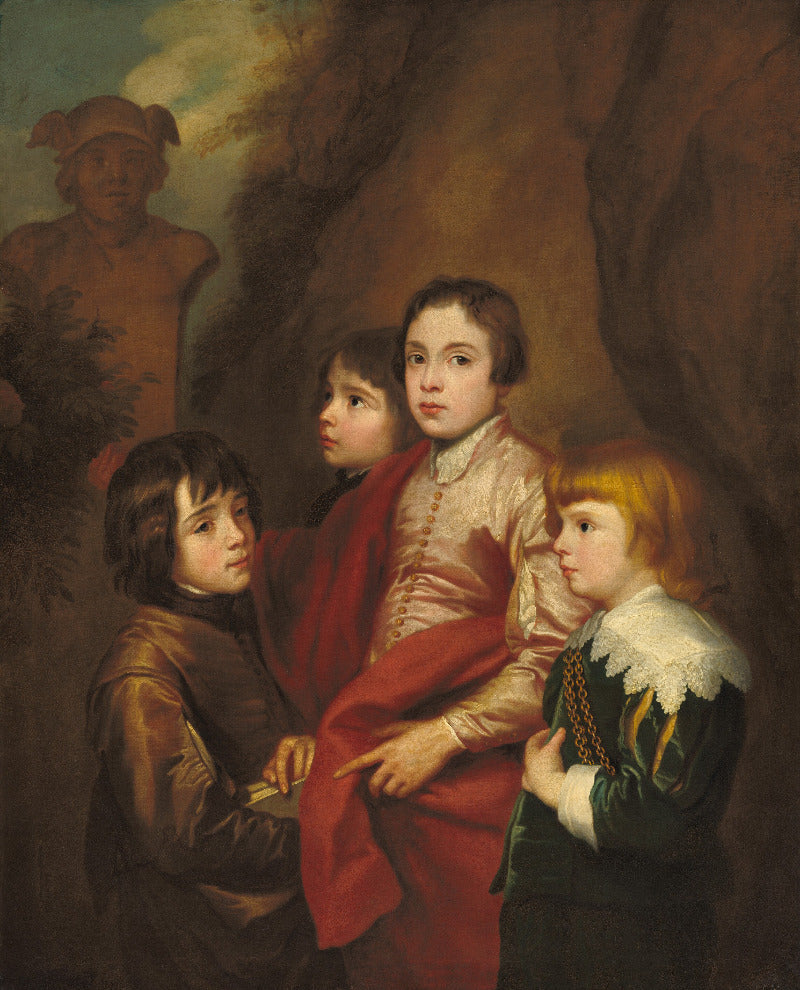 A classical oil painting portrait of four children in historical clothing, set against a dark brown rocky background with a faint classical statue figure in the upper left.