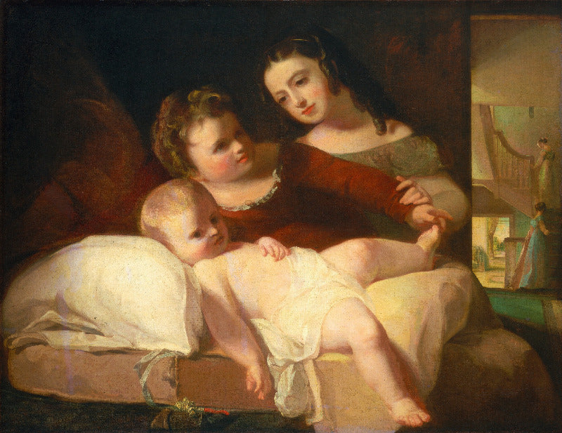 Painting of two women and a child in a classical setting