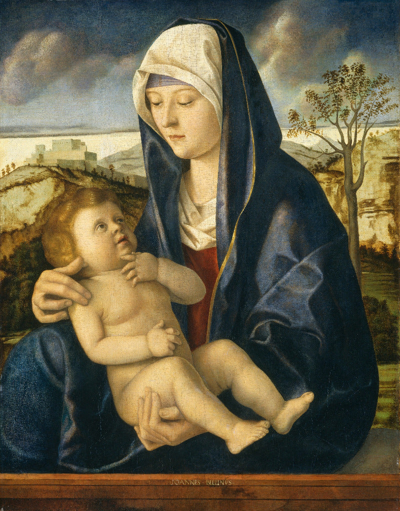 Painting of a woman holding a child with a landscape in the background