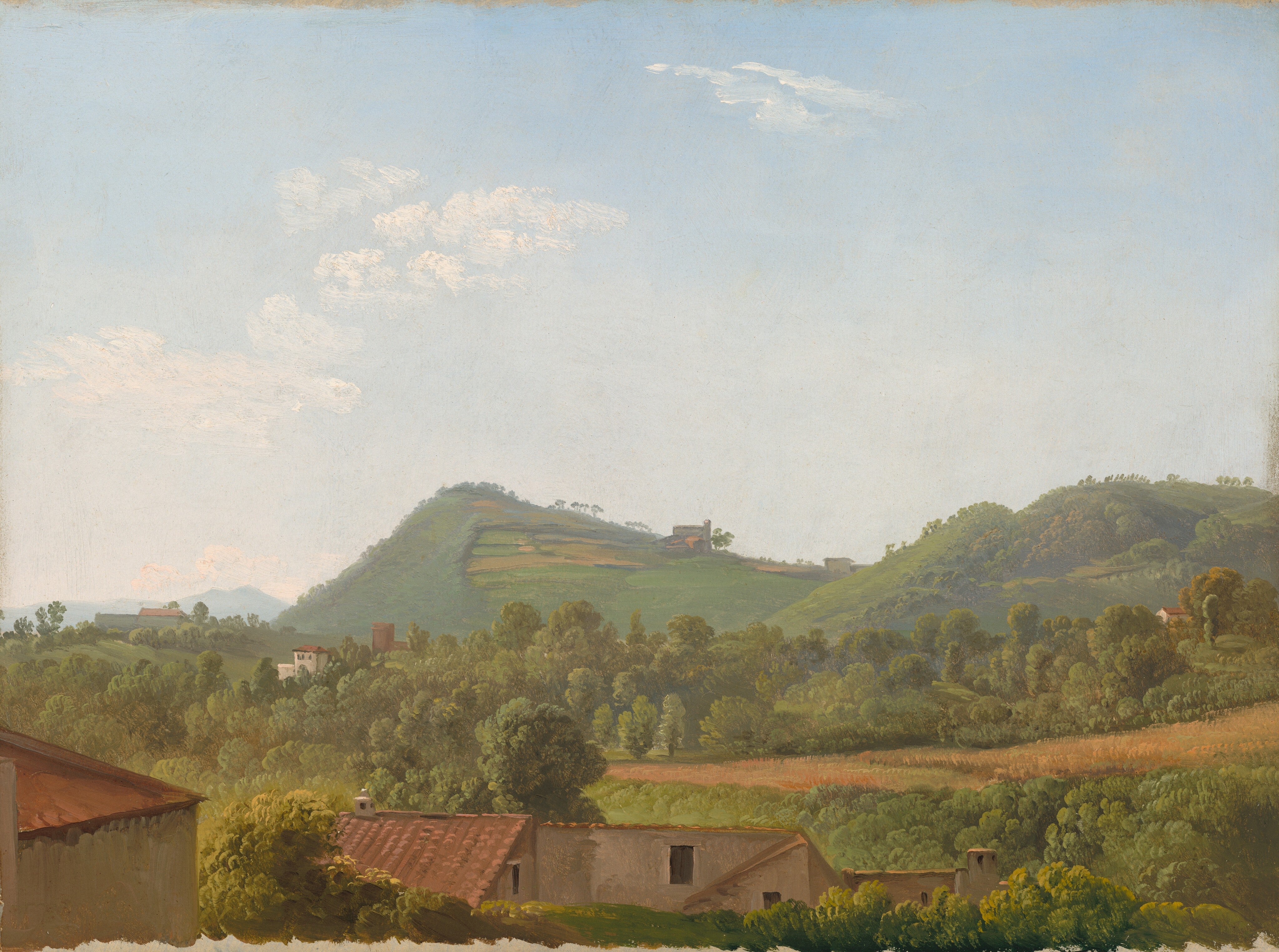 A classical landscape painting depicting rolling green hills, distant mountains, scattered trees, and a few buildings with terracotta roofs under a pale blue sky with soft white clouds.