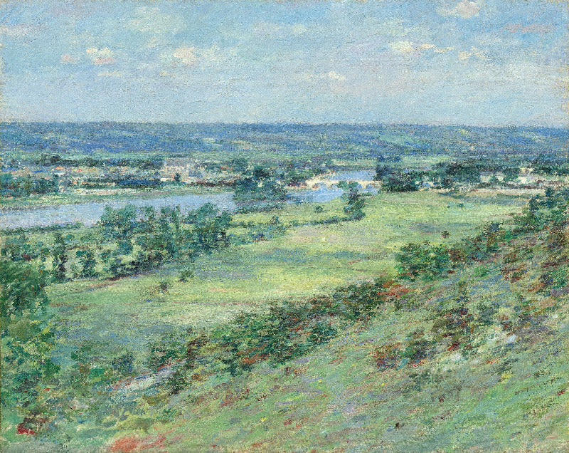 An impressionist landscape painting depicting a wide green valley with trees, a river or lake, distant hills, and a pale blue sky with soft clouds.