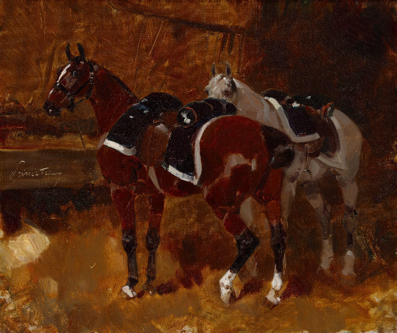 An oil painting of two horses in tack, one dark reddish-brown and one light gray, standing in a barn with warm golden-brown lighting. The reddish-brown horse is in the foreground wearing a black saddle with white trim, and the gray horse is behind it.