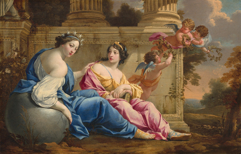 Baroque-style painting depicting two seated women in flowing blue and pink drapery beside a stone structure, with two cherubs floating in the sky against a classical landscape background.