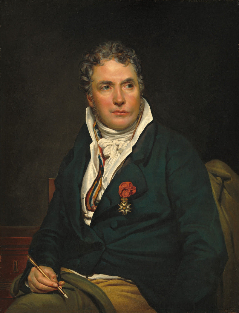 A classical portrait painting of a man in 18th-century attire, seated and holding a quill. He wears a dark teal coat over a white cravat with a red and gold medal on the chest, set against a dark brown background.