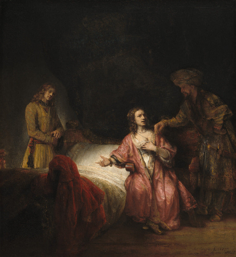 Painting of a woman in a pink dress being attended to by two men in a dimly lit room.