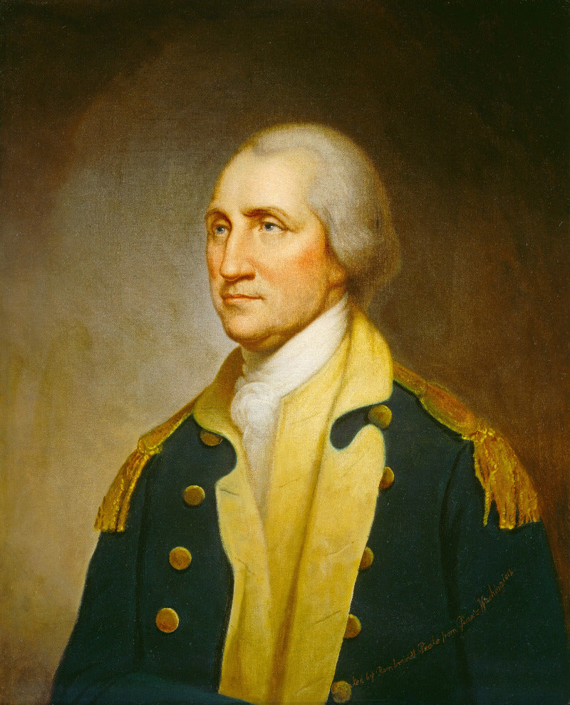 A classical portrait painting of a man in a dark blue military-style coat with gold buttons and gold shoulder epaulettes, wearing a pale yellow neck scarf and white cravat against a dark brown background.