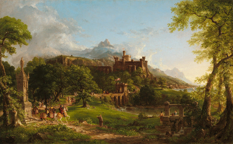 A classical landscape painting depicting a scenic valley with a castle on a hill, lush green trees, a river, and small figures of people in the foreground under a cloudy sky.