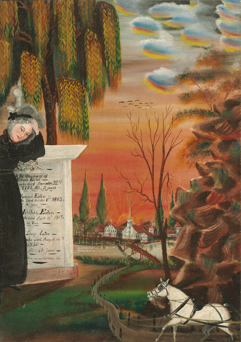 A colorful historical-style painting showing a woman in black clothing leaning against a stone monument on the left, with a landscape scene on the right featuring trees, a horse, buildings, and a dramatic orange sky with rainbow-like clouds.