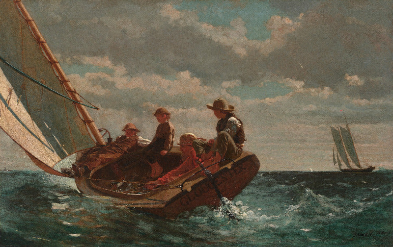 Painting of a group of people on a sailboat in choppy waters with another sailboat in the distance.