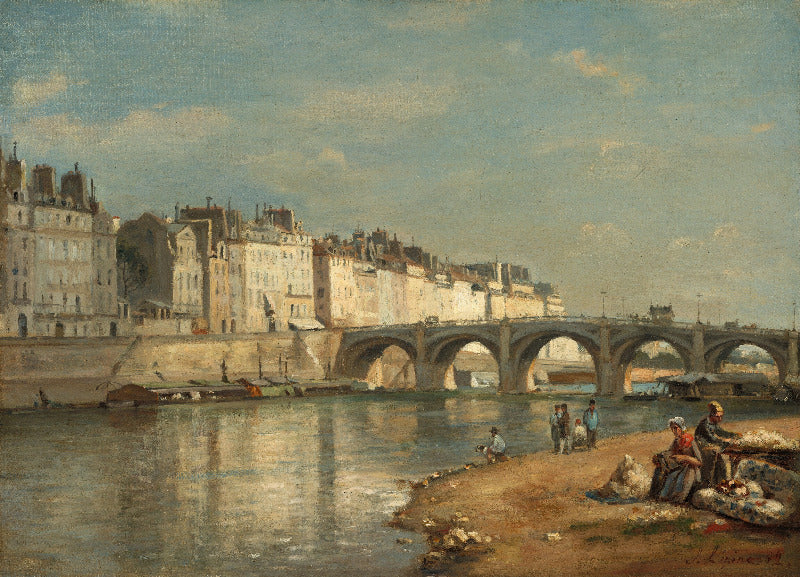 Painting of a river scene with a bridge and buildings in the background