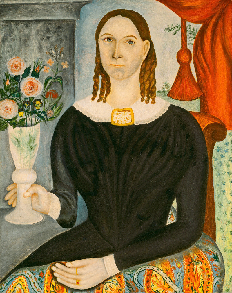 A stylized portrait painting of a seated woman with braided brown hair, wearing a black dress with a white collar and a gold brooch, holding a vase of flowers beside her. The background includes a red curtain and patterned upholstery.