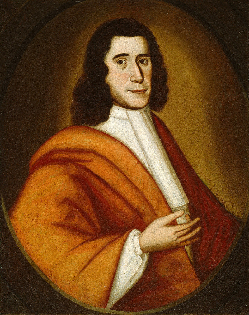 A classical oval portrait painting of a man with long dark hair, wearing a white cravat and draped robes in orange-gold and deep red, set against a dark brown background.