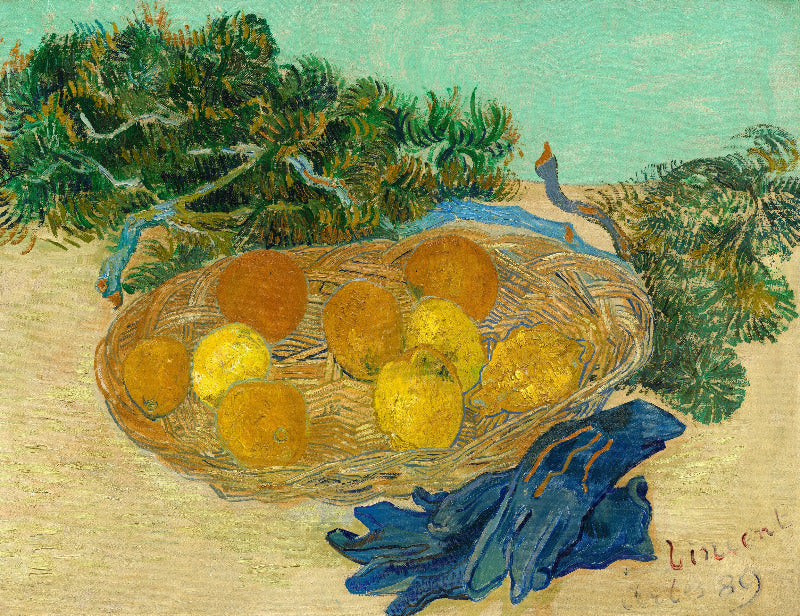 Still life painting of a woven basket with lemons and oranges, set against a natural background.