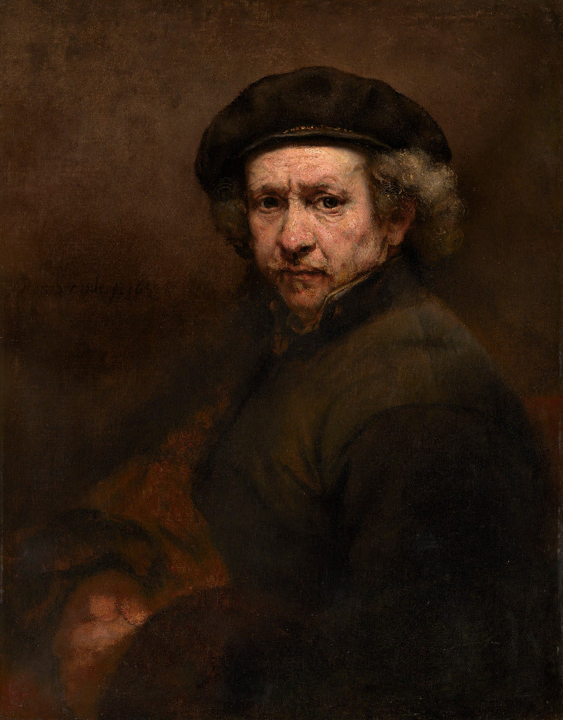 Portrait of a man wearing a dark cap and coat against a brown background