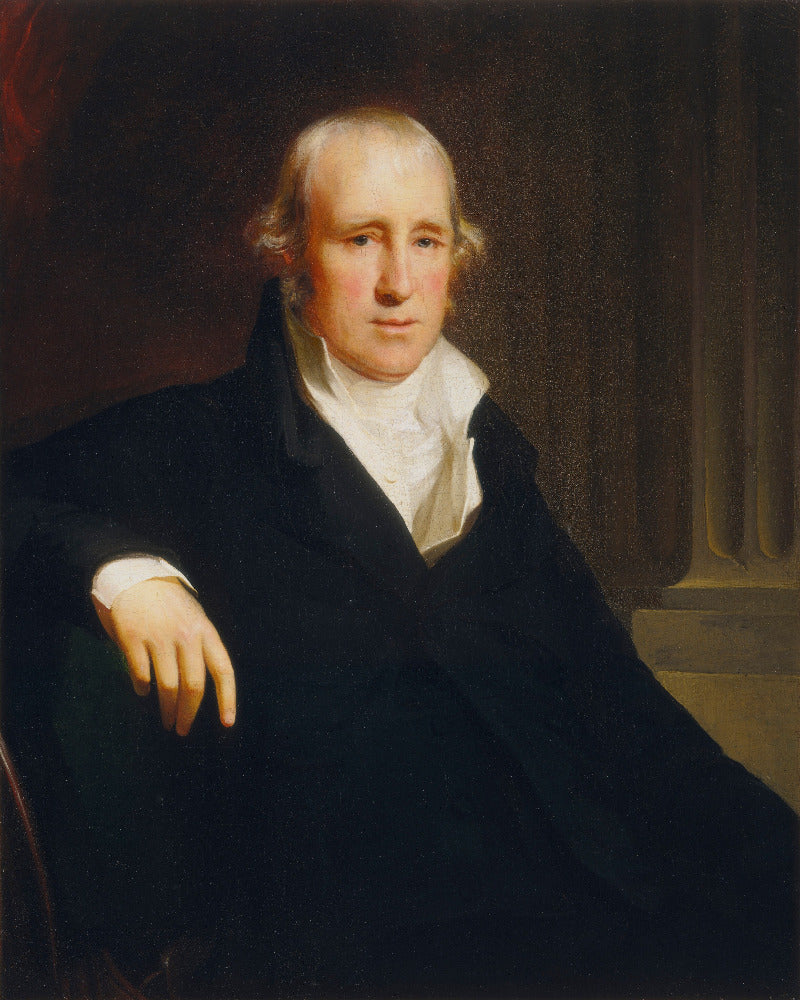 A classical portrait painting of a man in a dark coat and white cravat, seated against a dark draped background.