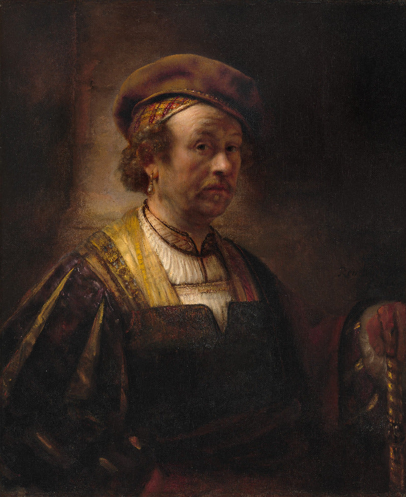 A dark Renaissance-style portrait painting of a man wearing a brown hat, patterned headband, white ruffled collar, and dark brocade jacket with gold trim, set against a shadowy brown background.