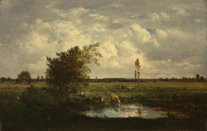 A classical landscape oil painting depicting a wide green field with a small pond in the foreground, a prominent tree on the left, a solitary tree on the right, and a cloudy sky overhead.