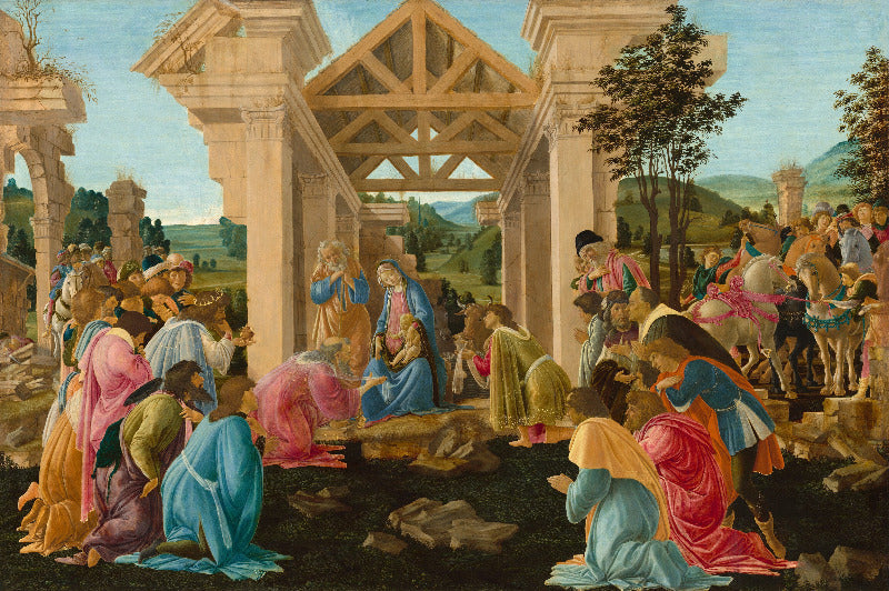 A classical religious painting depicting a large crowd gathered beneath a stone colonnade around a central figure in blue robes, with people in colorful garments, horses, and a landscape background.